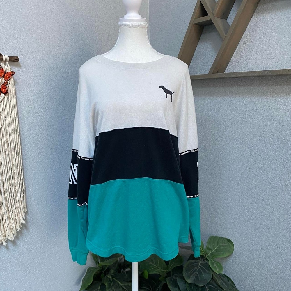 VS PINK COLORBLOCK WHITE BLACK TEAL LONG SLEEVE SHIRT PULLOVER Y2K CASUAL LOUNGE - Picture 2 of 8
